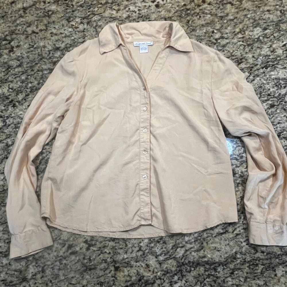 Anna and Frank Womens 100% Silk Long Sleeve Button Down Blouse Beige Tan Large